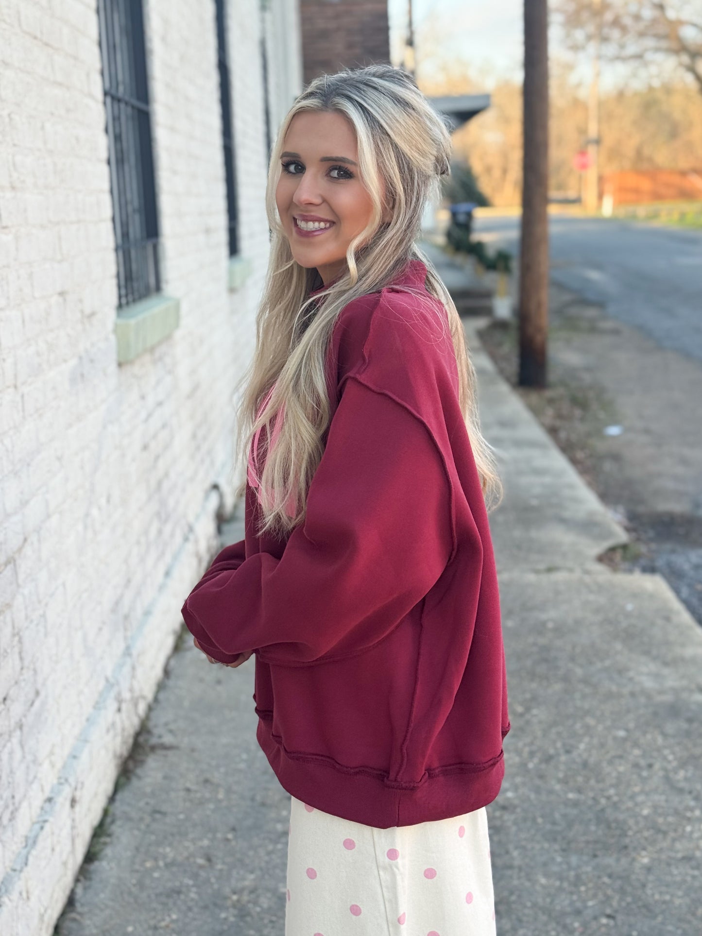 Dilly Dally Mock Neck Sweatshirt BURGUNDY