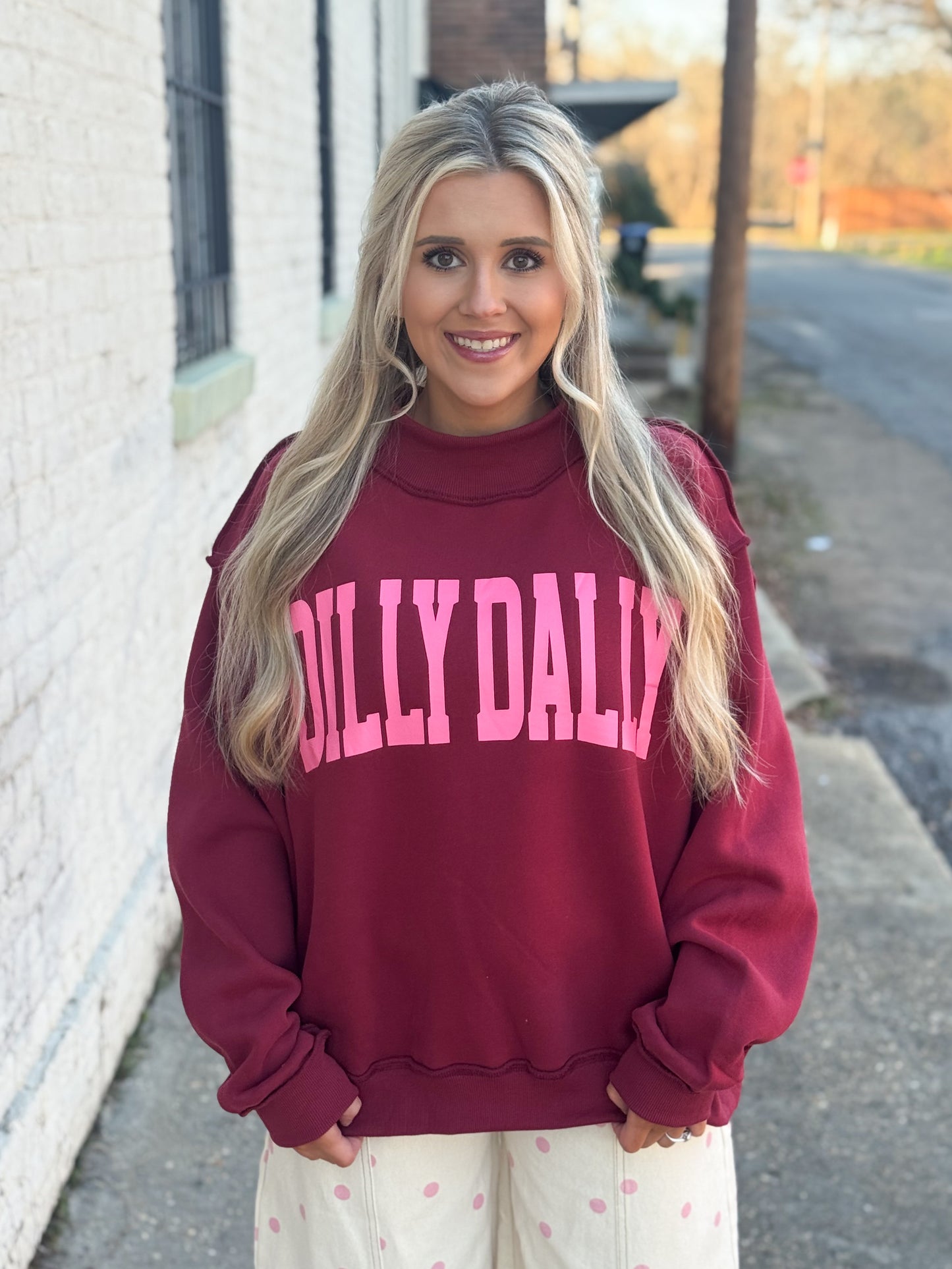 Dilly Dally Mock Neck Sweatshirt BURGUNDY